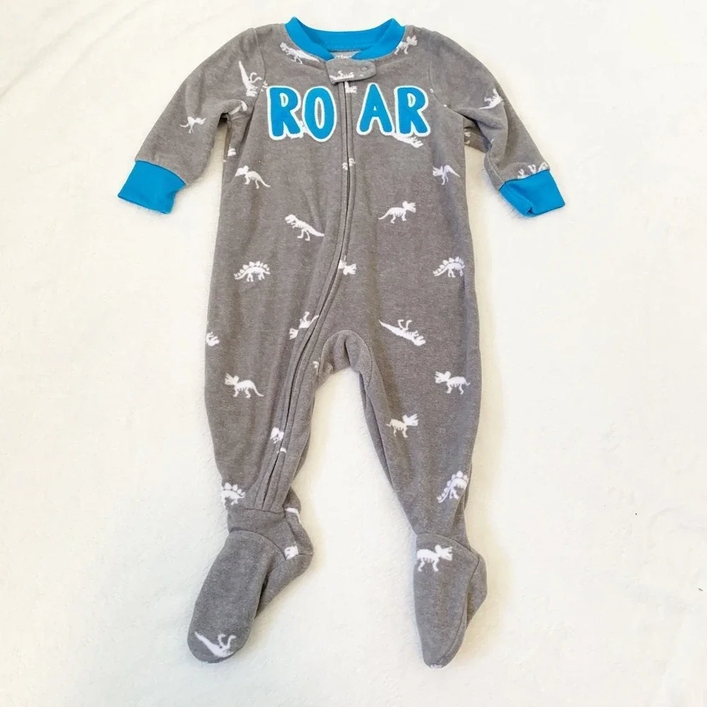 5/$25 Carter's Footed Pajamas Baby Boy 6M Grey Blue Dinosaur ROAR Fleece Sleeper